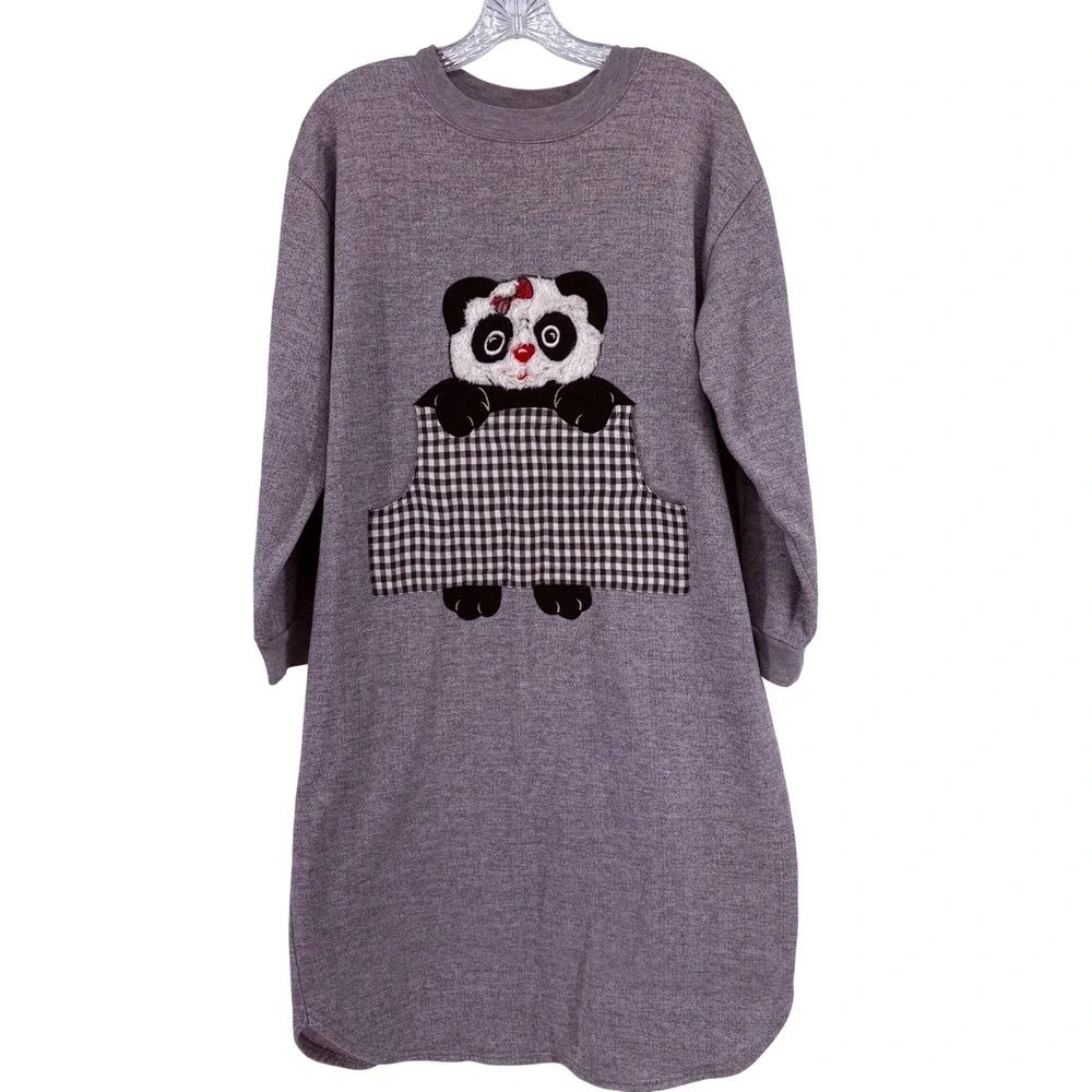 Basic Editions Womens Gray Panda Gingham Pocket Lounge Sweatshirt Dress Medium